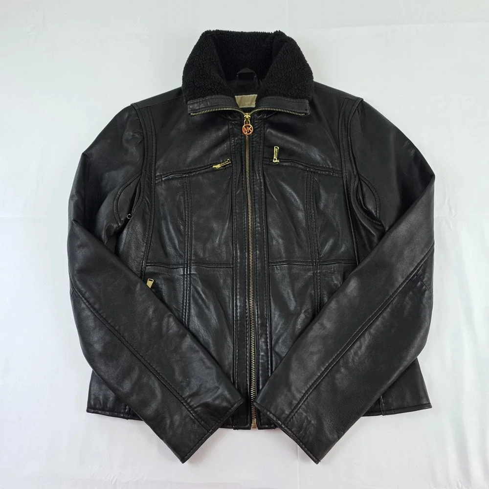 Michael Kors Jacket Womens XL Black Leather Moto Full Zip Sherpa Collar Lined